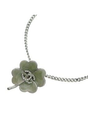 Chanel CC Logo Clover Necklace Pendant Green Silver